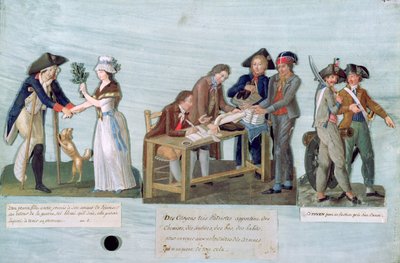 A Woman Promising to Marry her Wounded Suitor after the War, Patriotic Citizens Donating their Clothes to the Fighting Volunteers and Guards near their Cannon by Lesueur Brothers